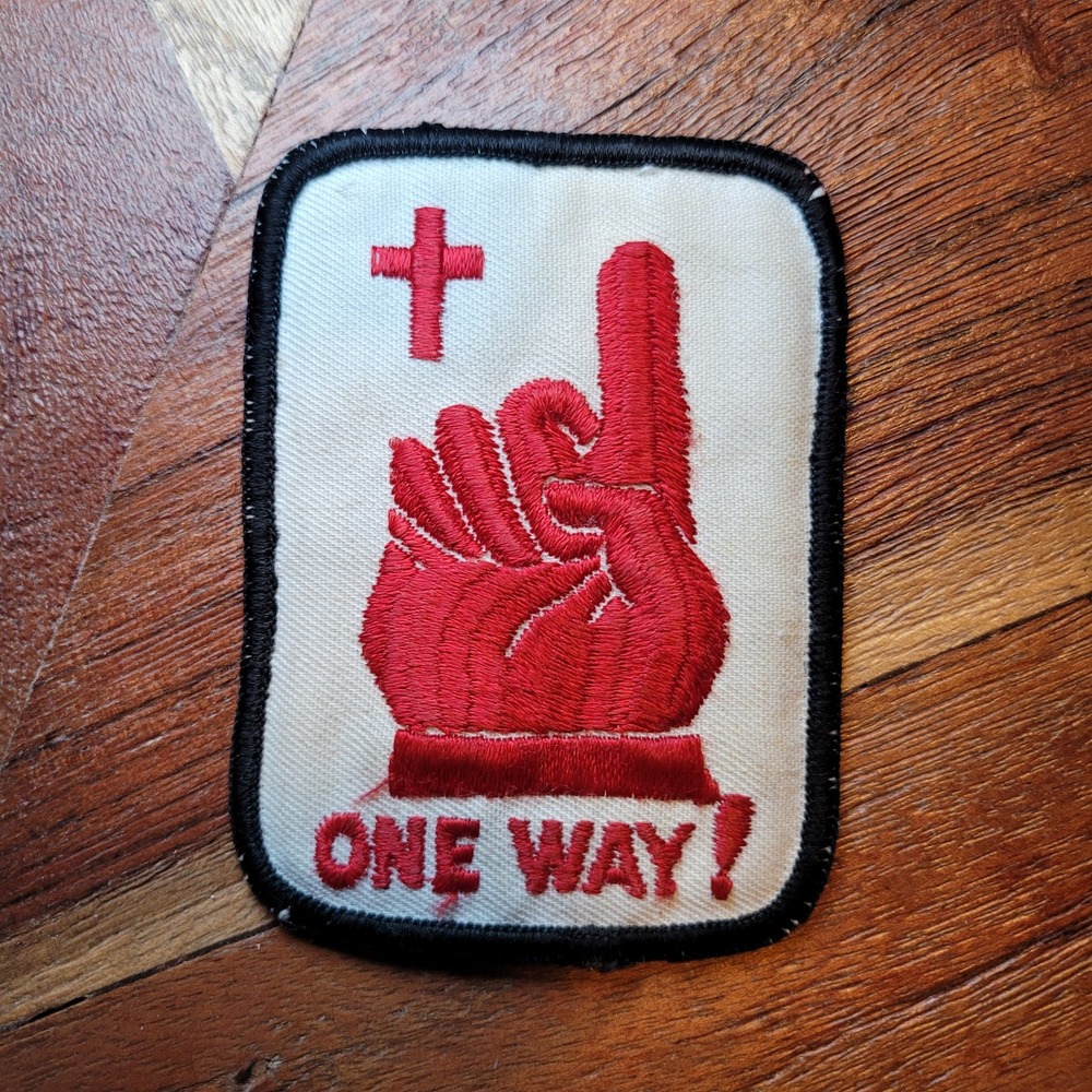 One Way Jesus Christian Embroidered Patch Red Finger Point Cross Verse‎